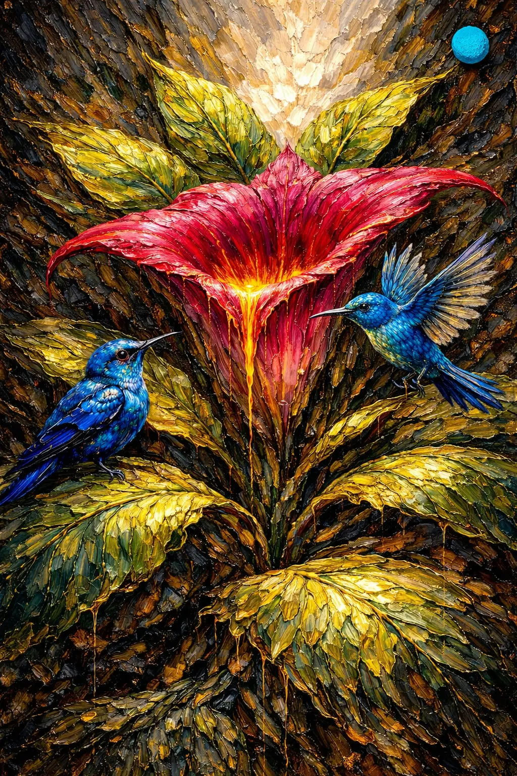Multisensory painting demonstrator with hummingbirds and a red flower