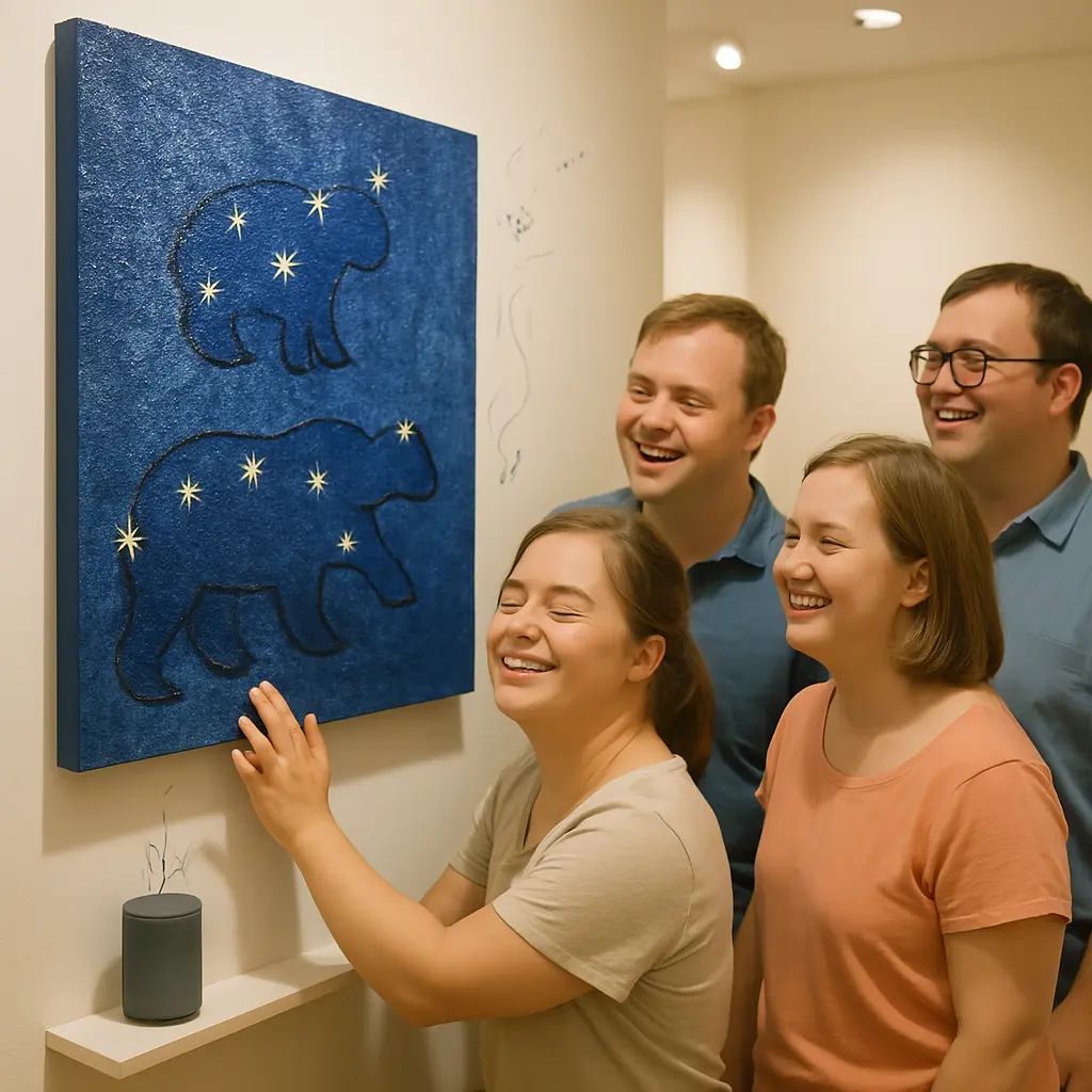 Neurodivergent participants engaging with a multisensory artwork in a calm, inclusive workshop setting.